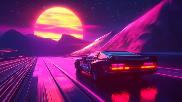 A 3D animation of a retro-futuristic car driving towards a vibrant sunset
