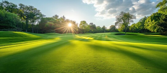 Sunlit Golf Course with Green Grass and Trees