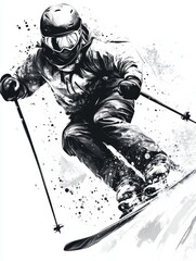 Skiing Downhill in Black and White