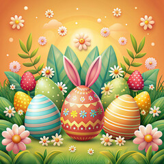 Easter eggs, adorned with various patterns and surrounded by  flowers