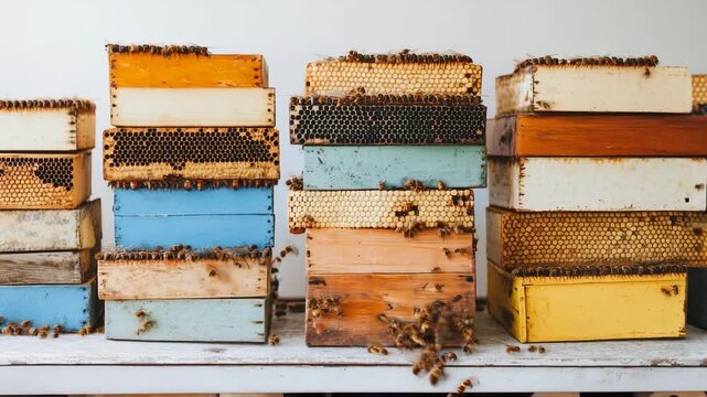 A 3D animation of colorful beehives with bees buzzing around them