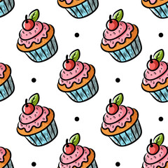 Seamless pattern of cake with berry, in line art style in color, repeating pattern. Design for packaging food, sweets, coffee, cake, ice cream, cupcake, vector