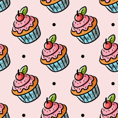 Seamless pattern of cake with berry, in line art style in color, repeating pattern. Design for packaging food, sweets, coffee, cake, ice cream, cupcake, vector