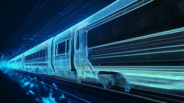 3d animation of a futuristic high speed train on a dark railway