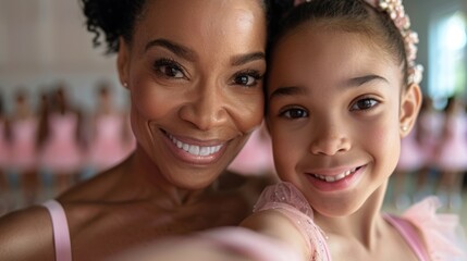 Ballet selfie, dancing teacher or child studio ballerina take fun, lively, happy social media photo. Girl and lady smiling after studying beautiful, elegant, and original theater art