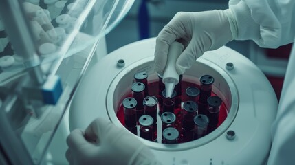 Science, human dna engineering, and data analytics use hands, test tubes, and lab centrifuges. Zoom, scientist, or blood vial in medical equipment, particle separation, vaccine invention