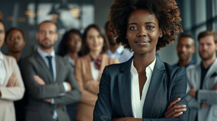Fototapeta premium Happy teamwork, management, collaboration, company vision, and office trust—black woman leadership, portrait. Female CEOs, diversity businesspeople, and corporate employees favor startups.