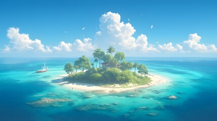 Fototapeta premium Tropical island paradise with turquoise water, sandy beach, palm trees, and a sunny sky