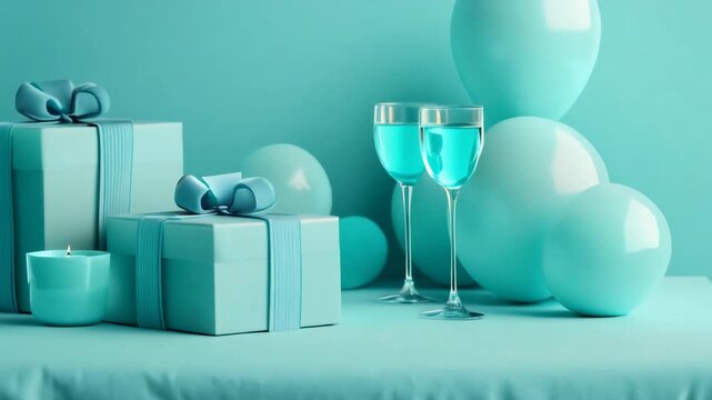 3d animation of a festive composition with turquoise gifts, glasses and balloons