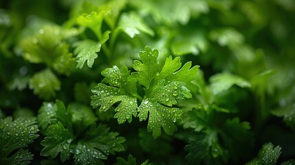   A close-up of a leafy plant, with water droplets on leaves The leaves are adorned with water droplets