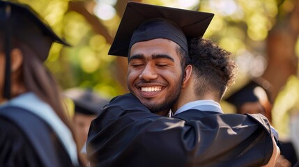 Fototapeta premium Happy graduate, hug from friends for education, winning, and outdoor ambitions. Excited male college students embrace to celebrate dream, pride, or award.