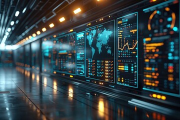 Futuristic Server Room with World Map and Data Displays