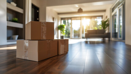 Cardboard moving boxes stacked on wooden floor in sunny empty house interior. New home unpacking and relocation, fresh start concept. Lifestyle transition and fresh start. Moving day