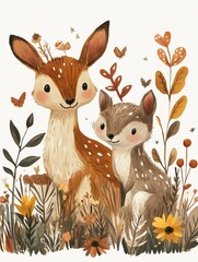 Fototapeta premium Cute Watercolor Illustration of Two Deer in a Forest Setting