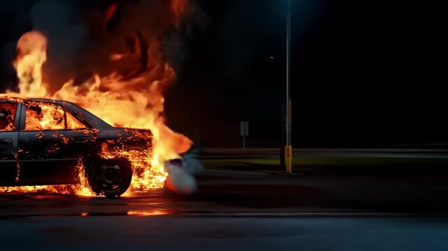 3d animation of a burning car on a dark background with tongues of fire