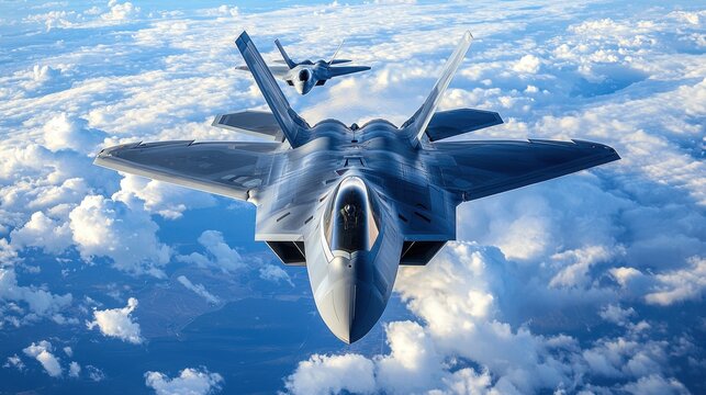 A breathtaking aerial view of advanced fighter jets soaring above fluffy white clouds, showcasing military aviation in action.