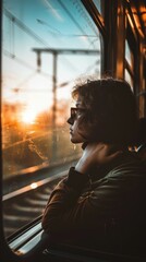Fototapeta premium A traveler watches the sunset outside a train window, contemplating the day's adventures