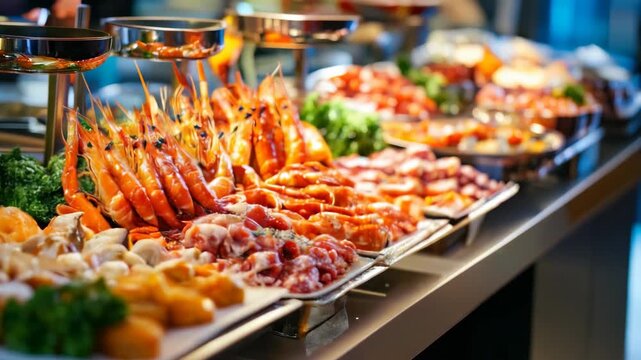 A 3D animation of a seafood buffet with an array of fresh and colorful dishes