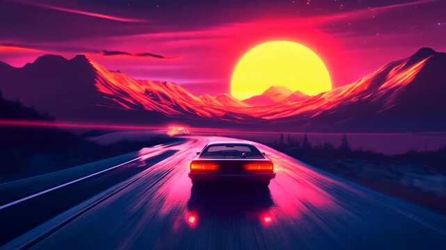 A 3D animation of a retro-futuristic car driving towards a vibrant sunset