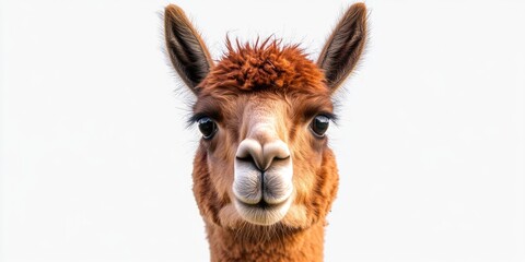 Obraz premium Close-up shot of a llama's face on a white background, great for use in designs related to South American culture or animals