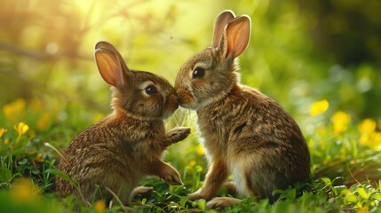 Fototapeta premium Cute rabbit, Pair of Rabbit in mid of flowers in Happy modeTwo funny bunny in the grass. One slightly frightened face. 