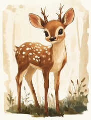 Cute Fawn with Spots in a Watercolor Forest