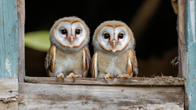 3d animation of two owls in the window of a wooden house on a dark background