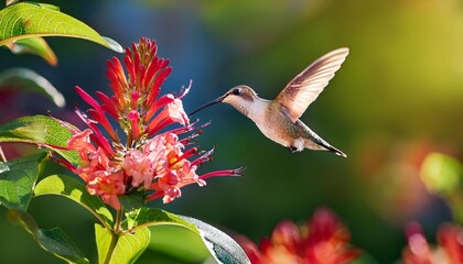 Ruby Throated Hummingbird Feeding on Honeysuckle Flowers in Summer. A female ruby throated throated hummingbird flies in to feed on honeysuckle flowers in summer