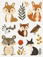 Obraz premium Cute Woodland Animals and Plants Illustration