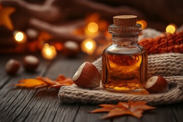 Small bottle of oil with autumn decorations