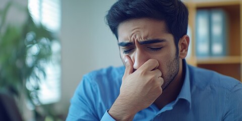 Naklejka premium A man sitting at a desk with his hand on his face, expressing concern or frustration