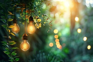 A wonderfully serene garden scene showcasing glowing Edison bulbs intertwined with lush, vibrant greenery