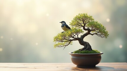 A serene image of a small bird perched on a bonsai tree, capturing the essence of tranquility and nature's harmony.