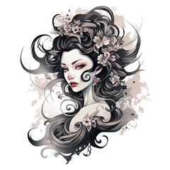 A Woman with Long Black Hair Adorned with Flowers.