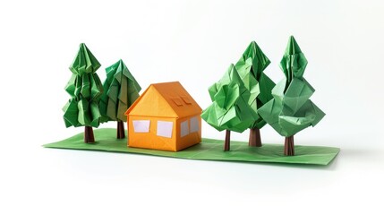Rural Downsizing: Origami Home and Trees on White Background