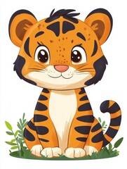 Cute Cartoon Tiger Cub Sitting in Grass