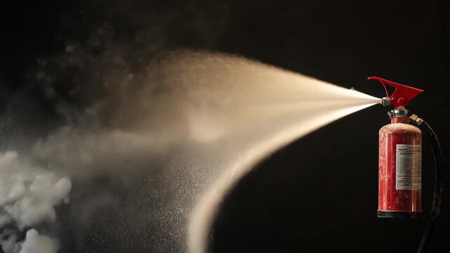 Fire extinguisher releasing a cloud of white foam on black background