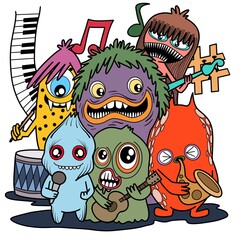 Hand-drawn illustrations, monsters doodle, Hand Drawn cartoon monster illustration,Cartoon crowd doodle hand-drawn Doodle style.
