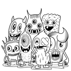 Fototapeta premium Hand-drawn illustrations, monsters doodle, Hand Drawn cartoon monster illustration,Cartoon crowd doodle hand-drawn Doodle style.black and white stripes coloring book.