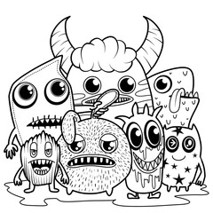 Fototapeta premium Hand-drawn illustrations, monsters doodle, Hand Drawn cartoon monster illustration,Cartoon crowd doodle hand-drawn Doodle style.black and white stripes coloring book.