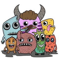 Fototapeta premium Hand-drawn illustrations, monsters doodle, Hand Drawn cartoon monster illustration,Cartoon crowd doodle hand-drawn Doodle style.
