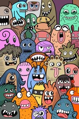 Hand-drawn illustrations, monsters doodle, Hand Drawn cartoon monster illustration,Cartoon crowd doodle hand-drawn Doodle style.