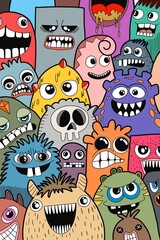 Hand-drawn illustrations, monsters doodle, Hand Drawn cartoon monster illustration,Cartoon crowd doodle hand-drawn Doodle style.