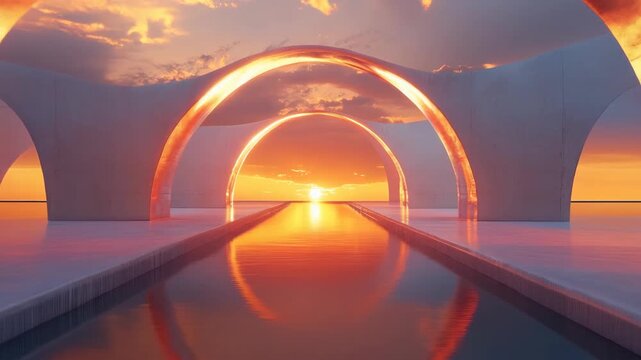 3d animation of arches at sunset with reflection in water, creating a futuristic landscape