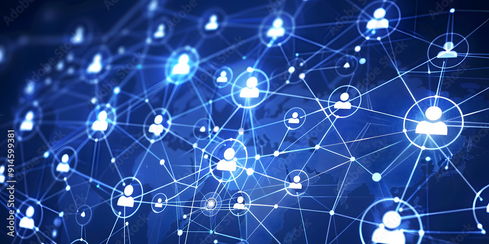 Wall mural abstract geometric background with many people icons. blue background visualizing social networks or