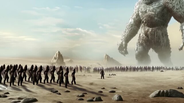 A 3D animation of a massive stone giant walking through a snowy canyon with a small figure in the foreground