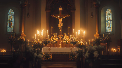 Christian altar with candles, flowers, and carved crucifix in softly lit church
