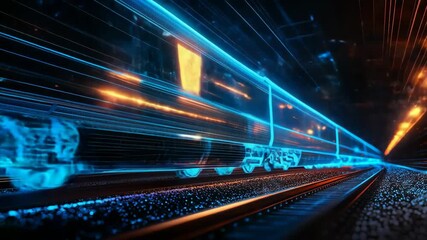 3d animation of a futuristic high speed train on a dark railway