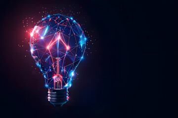 Abstract geometric light bulb in blue and purple neon colors on a dark background. Concept of a good or new idea