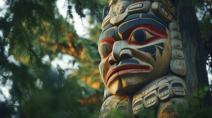 Native American totem pole intricately carved and painted in forest